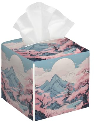 Housse de boîte à mouchoirs carrée en cuir - Montagnes japonaises enneigées - Fleurs de cerisier et lune - Distributeur de papier pour le visage - Distributeur de papier pour table de salle de bain ou