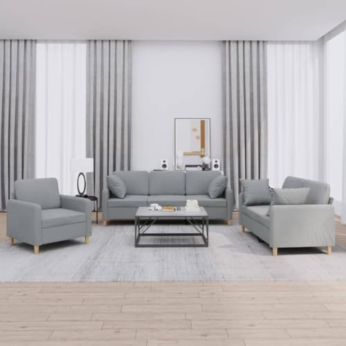 Tonture 3-TLG. Sofagarnitur Hellgrau Stoff, Gemütliches Wohnzimmer Set mit Kissen, Robuster Rahmen für Erwachsene, Modernes Design, 1 Sessel, 1 Zweisitzer, 1 Dreisitzer