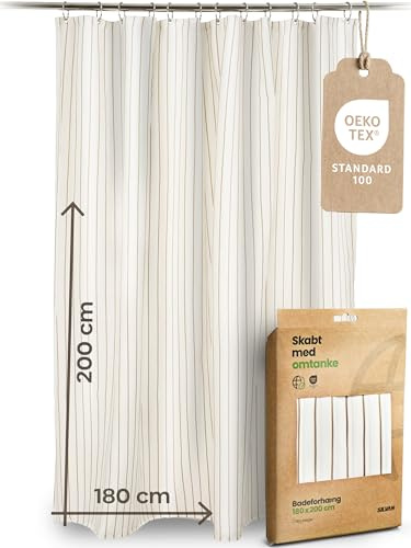 Skabt med Omtanke Duschvorhang Loja Beige Weiß 180 x 200 cm | Oeko-TEX® Standard 100 Zertifiziert & 50% recyceltes Polyester | Gestreifter Textil Badvorhang 170 GSM für Dusche