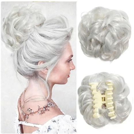 Hrlace Haarteil mit Klammer Messy Bun Dutt Haarteile mit Gummiband Haargummis Lockige Hochsteckfrisuren Haarverlängerung Pferdeschwanz Unordentlicher Dutt-Extensions für Damen Haarspangen-Hellgrau