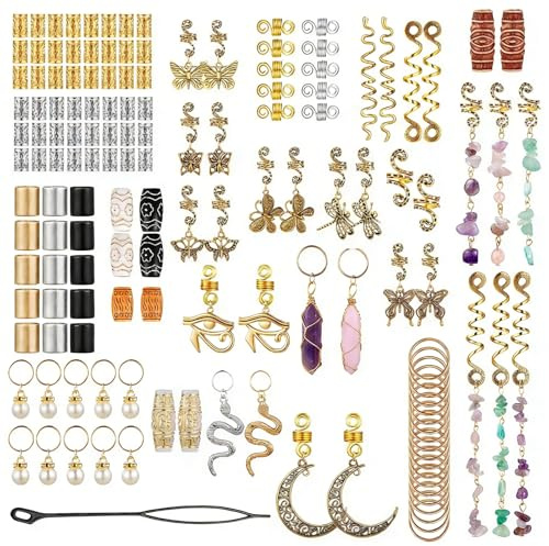 Joyeee Kit de 146PCS Perles pour Cheveux Tresses Dreadlocks Bijoux – Pendentifs Papillon Libellule Œil d’Horus Cristal Spirales Charms avec Outil pour Femmes