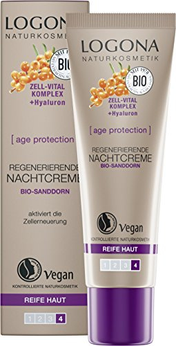 LOGONA Ekologisk regenererande nattkräm för mogen hud med ekologisk sanddorn, ger näring intensivt och regenererar huden, anti-åldrande, naturlig och vegansk, 30 ml