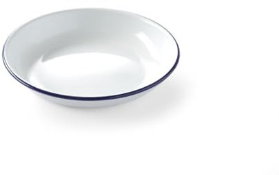 HENDI Assiette en acier émaillé blanc, avec bord bleu, récipient, plat rond, assiette creuse, ø180x(H) 30mm