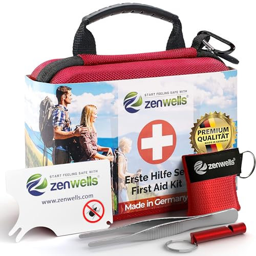 Zenwells® Erste-Hilfe-Set/First Aid Kit nach DIN 13167, wasserdicht & kompakt, ideal für Outdoor, Auto, Fahrrad & Reisen, inkl. Notfallzubehör & Hartschalenetui