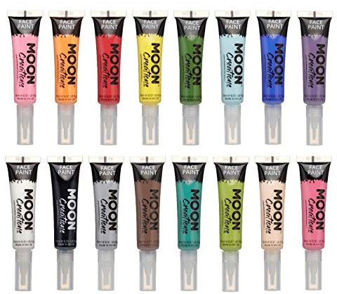 Moon Creations Tubetti per pittura viso e corpo con applicatore a pennello | Pronto per l'uso | Cruelty Free | Pittura per il viso per bambini, adulti, festival, Halloween, Set da 16, 15ml