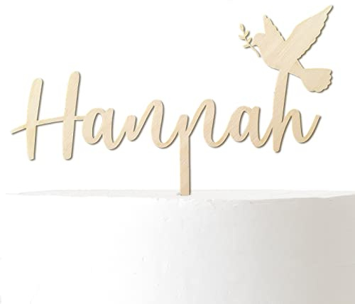 Personalisierter Cake Topper Taube: Tortenstecker mit Name für Taufe, Kommunion, Konfirmation, Firmung (Birke)