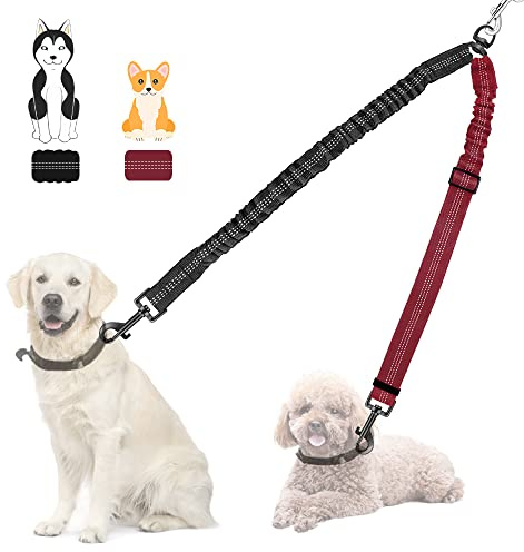 Nasjac Dubbel koppelkopplare, inget trassel delat koppel för promenader 2 husdjurshundar, justerbar reflekterande säkerhet stötdämpande bungee-koppel splitter för träning dubbel hund, medelstora och stora raser