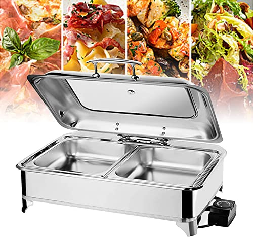 9L Speisenwärmer Chafing Dish, Chafing Dish Elektrisch mit Sichtbarem Glasdeckel, Wärmebehälter Speisewärmer für Catering Buffet und Party(Size:two grids)