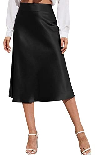 COTCLO Falda larga de gasa para mujer, falda midi de cintura alta, color liso, vestido de satén, con cremallera, faldas de verano para mujer, color negro, talla L