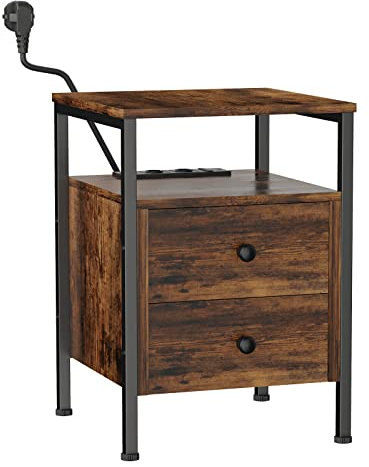 Lvhecforhm Comodino con Presa di Corrente e Porta USB, Comodino Con Stazione di Ricarica, Camera da Letto Tavolino con 2 Cassetti, Marrone Vintage e Nero, Tavolino per Soggiorno e Camera da Letto