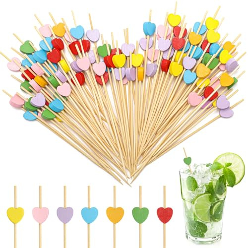 100 Stück Cocktailspieße Holz Cocktail Deko Spieße Zahnstocher Holz Herz Spieße Fingerfood Lang Cocktail Zahnstocher Holz Cocktail Spieße 12 cm für Bar Kuchen Party Obstspieß Cocktail Deko