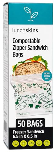 Lunchskins Sacchetti per alimenti compostabili e richiudibili, adatti al freezer, dimensioni panini, 50 sacchetti – ecologici, realizzati senza PFAS e BPA
