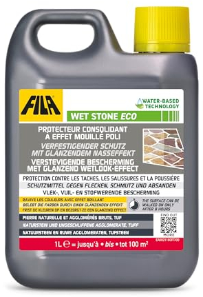 FILA Surface Care Solutions, WET STONE ECO, Stein Imprägnierung Aussen mit Nasseffekt, Wasserdichter Anstrich Fleckenabweisend, Steinversiegelung Außen/Innen, Versiegelung für pflastersteine, 1L
