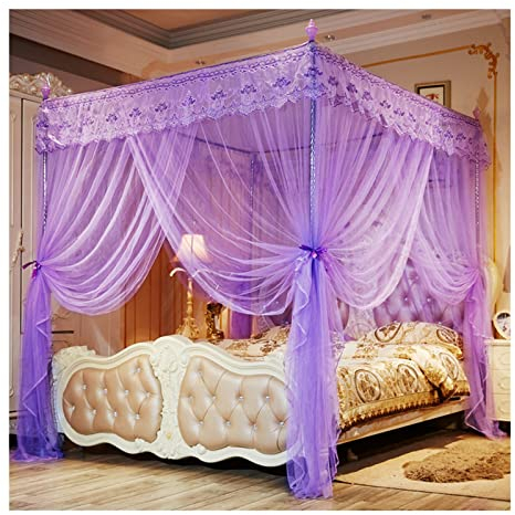 Betthimmel, 4 Eckpfosten, Luxus-Bettvorhang, Einzel-Doppelbett-Baldachin, 360°-schützendes Sommer-Moskitonetz, mit Edelstahl-Montagehalterung (Farbe: Lila, Größe: 180 x 220 x 200 cm)