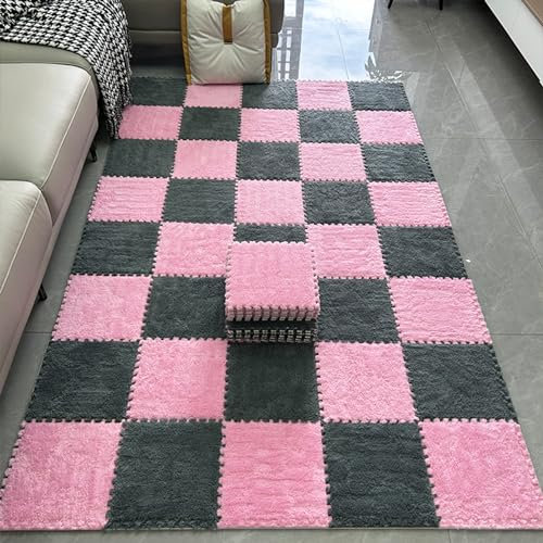 LULUMAIC 48 Stück ineinandergreifende Teppichfliesen, Plüsch-Puzzle-Schaumstoff-Bodenmatte, weiche Teppiche, Spielmatte, für Wohnzimmer, 30,5 cm (Rosa + Grau 0,23 Zoll)