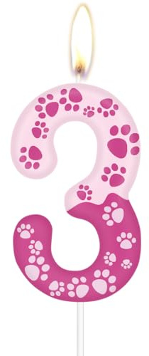 Geburtstagskerzen mit Hundepfoten-Motiv,Zahlenkerzen zum 3. Geburtstag, rosa Zahl 3 für Kuchen, rosa Hundepfotenabdruck, Kuchenaufsatz für Mädchen und Jungen Geburtstagsparty-Dekorationen