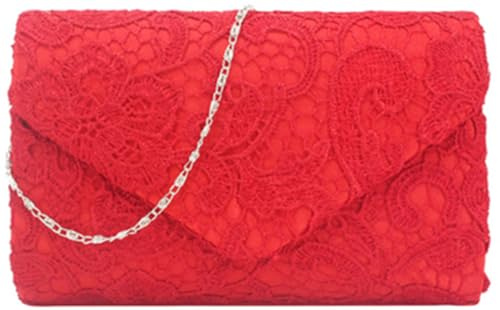 Fioeyr Clutch-Tasche mit Spitzenumschlag, Damen-Clutch, Blumenmuster, Spitze, elegante Handtasche für Partys und Hochzeitsanlässe, rot