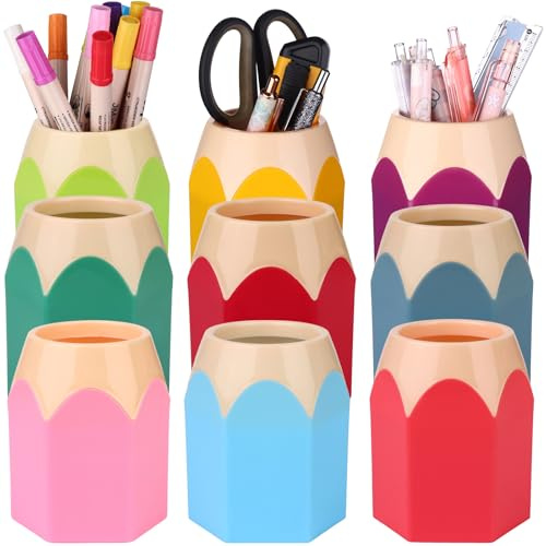 ULELE 9 Pcs Plastic Pen Vase Pot Holder Teacher Cup Storage Organizer Colorful Holder Creative Tip Design for Students Office School