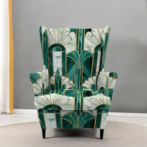 Hixingo Stretch Wingback Chair Covers, 3D Print Armchair Covers 2 Pieces Set Washable Wing Chair Slipcover for Living Room Bedroom Hotel Furniture Protector (One size,Dark Green Gold)
