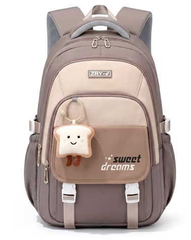 Amythe Mochilas Escolares de Niña Adolescente - Mochila Colegio Chicas 10 12 16 años - Mochila Grande para portátil con Bonito Colgante - Mochila de Viaje Casual Ligera e Impermeable -Marrón