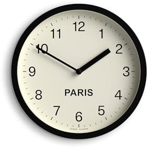 Jones Clocks® Paris Time Zone wall clock | Small modern round clock | 20cm | Black | Easy to read numbers | Ideal for kitchen, living room, office or any small space