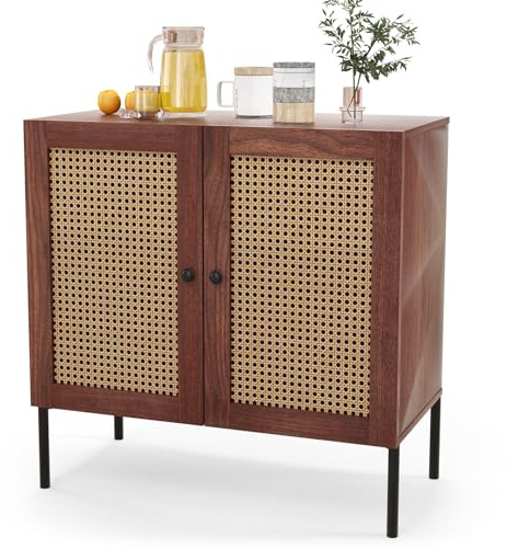 GOPLUS Buffet Commode à 2 Portes en Rotin Artificiel, Etagère Réglable à 3 Positions, Meuble de Rangement avec Pieds en Métal Surélevés pour Salon, Salle à Manger, Couloir (Noyer)