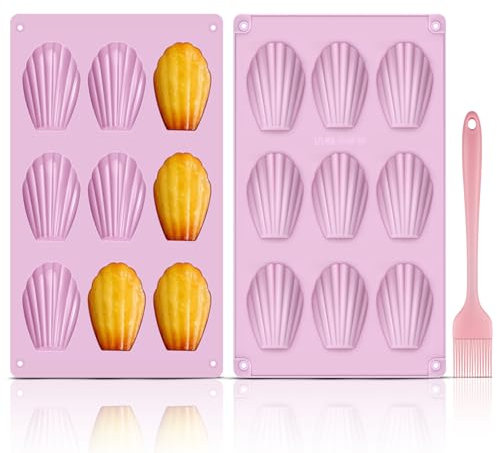 GlasFlength Stampi per Madeleines in Silicone, 2 Pezzi Stampo Madeleine 9 Cavità Antiaderente Madeleine Stampo da Forno con Spazzola per Madeleine Biscotti Caramelle Cioccolato Torta (viola)
