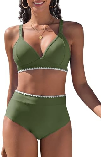 UMIPUBO Maillot De Bain Femme 2 Pieces Bikini Set Col en U Grande Taille Haute Push Up Contrôle du Ventre Sexy D'Été Plage Classique Slim Deux Pièces Ensemble Swimwear(Vert,XL)