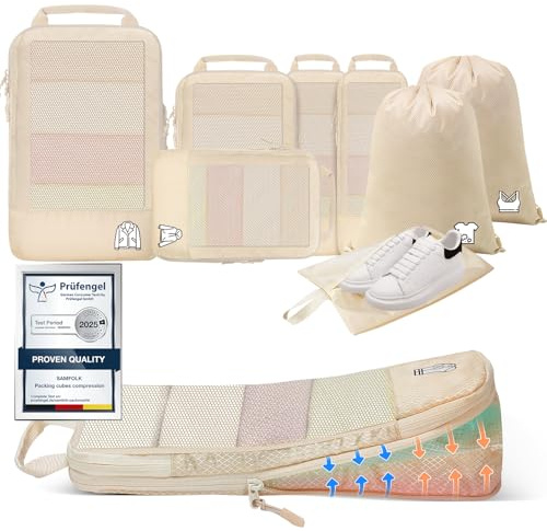 8 Teilige Compression Packing Cubes, Koffer Organizer Kompression PackwüRfel Packtaschen FüR Backpack Rucksack Reisen Organizer Beige