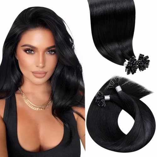 LaaVoo Extensions Echthaar Bondings Schwarz 80G 100s 35cm #1 | Echthaar Extensions Bondings Keratin Remy U Tip Extensions Echthaar Natürliche Perfekt für Bühnenauftritte und Musicals