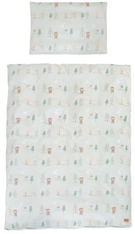 roba barnbäddset Woodland Buddies – 2-delat set i bomull – täcke 100x135 cm + kudde 40x60 cm – söt design i pastellgrönt med skogsdjur.