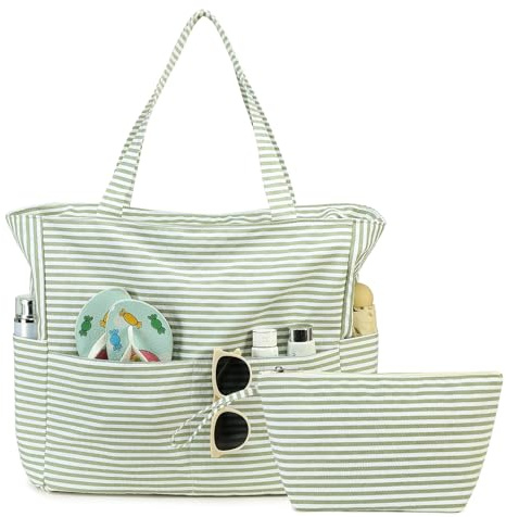 Große Strandtasche mit Reißverschluss Wasserdichte Sanddichte Schwimmbadtasche Umhängetasche Einkaufstasche mit Reißverschluss Reisetasche Familie Strand Tote (Bubble material with green stripes)