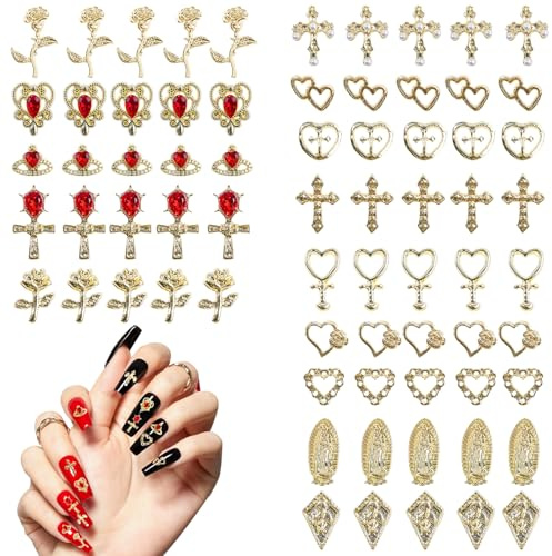 XSDSLS 70 Pièces 3D DIY Ongles Charmes,Charms d'Or pour Ongles,Croix, Rose, Coeur, Vierge Marie Charmes D'Ongle,Décorations d'Art d'Ongle