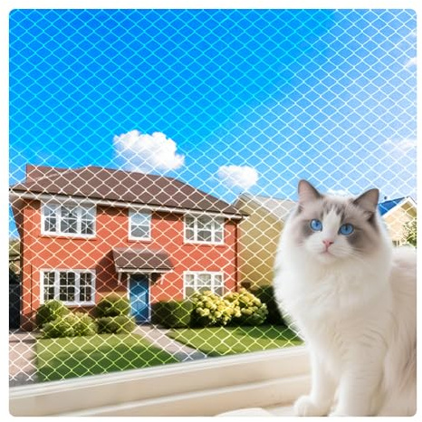 Katzennetz für Balkon & Fenster Transparent 4 x 3 m, Hochfestes Nylon Katzenschutznetz Ohne Bohren, Kippfensterschutz Reißfestes Balkonnetz für Katzen, Katzennetz Balkon, Katzengitter Fenster, cat net