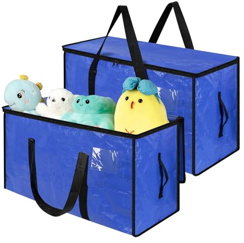 Romon Sac Rangement Vêtements Grands, Lot de 2 Sacs Déménagement 72 L Grand Format Transport Pliable Imperméable Organiseurs avec Poignées Solides pour Déménagement Camping Linge de Lit Chambre, Bleu
