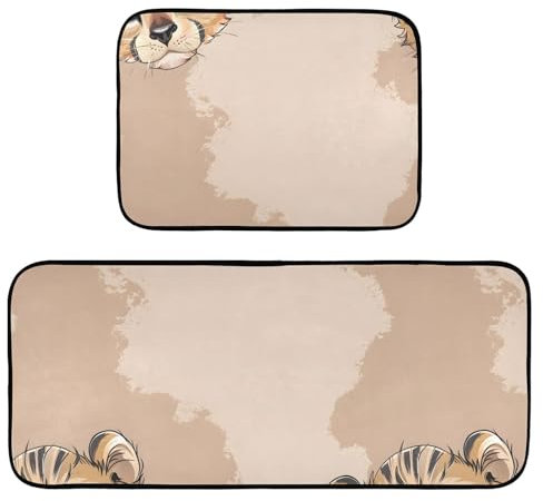 Küchenteppiche, 2 Stück, rutschfest, waschbar, Gepardenbeige, niedliches Cartoon-Motiv, Anti-Ermüdungsmatte, Stehmatte für Küche, Flur, Läufer Set