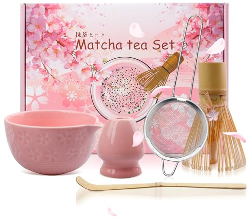 Bol à Matcha Japonais avec Bec Verseur : 5 Pièces Bol à Thé Chawan Matcha avec Repose-Fouet, Bol Traditionnel en Céramique Matcha Bol à Matcha Bol à Thé Chawan Bol à Matcha en Céramique, Rose