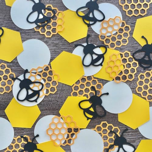 100 Stück Happy Bee Day Konfetti - Tischdeko Motto Biene - Runde Konfetti Gold Schwarz Gelb für Babyparty, Geburtstag, Motto-Party Biene