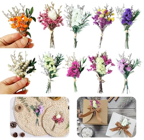 Noaxylic 10 Mazzi Fiori Secchi Naturali, Mini Bouquet di Fiori Secchi, Flowers Naturali Misti Decorativi, per Matrimoni, Feste, Cornici Artistiche, Artigianali, Scatola Regalo, Decorazione per Torte