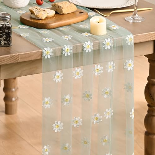 Artoid Mode Salbei Tüll mit Stickerei Gänseblümchen Frühling Tischläufer 70x300 cm, Sommer Küche Tisch Dekoration Urlaub Party Dekor
