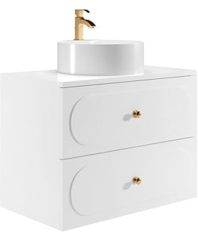 Vente-unique-Mobile bagno sospeso con lavabo da appoggio rotondo - Bianco - 80 cm - SATOBAL