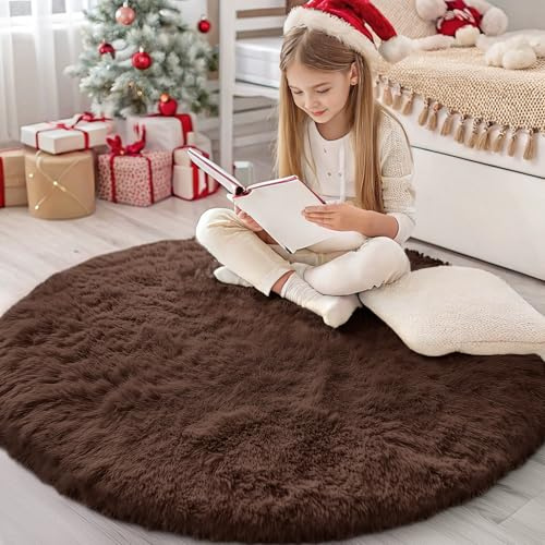 Homaxy Fluffig, halkfri och maskintvättbar matta med hög lugg, för vardagsrum, mjuk och tjock sovrumsmatta för barnrum, kaffe, rund, 120 cm