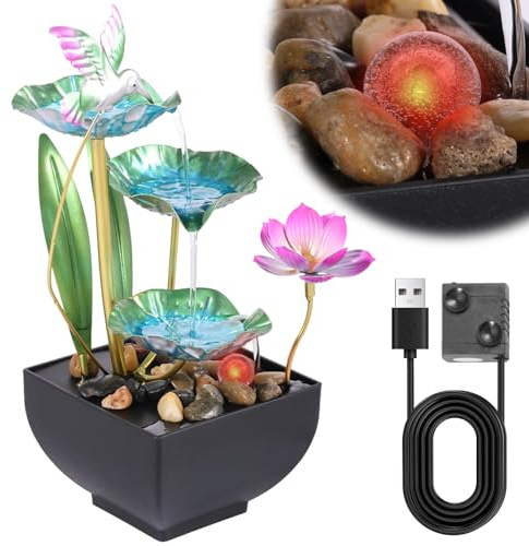 Fontana d'acqua da tavolo, 3 piani, foglia, piccola fontana per desktop, a cascata, alimentata tramite USB, con ciottoli e luci per ufficio, casa, scrivania (colore 1 senza anello luminoso)
