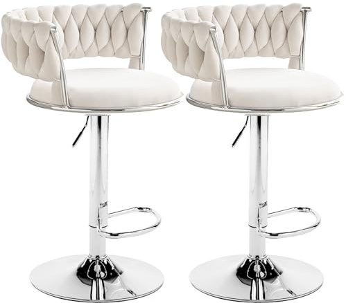 LEADZM Barhocker 2er Set mit Samtsitz (Beigeweiß) | Barhocker Höhenverstellbar mit Samtsitz, Barstuhl 2er Set, Bar Stool, Küchenhocker, für Bar Küche Theke Café