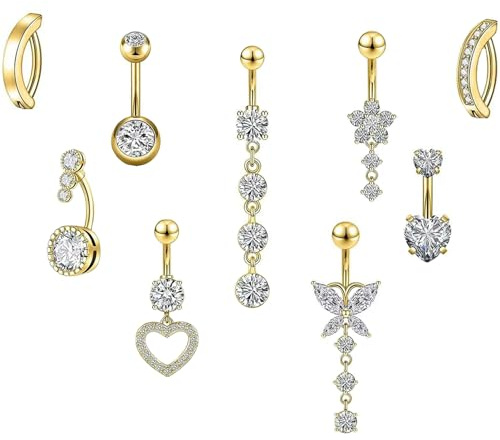 Tweozek 9Pcs Belly Button Bars, Not Rust Bellies Piercing,Curved Navel Bar With Short And Long Navel Rings, Heart Butterfly And Flower Designs (Gold)