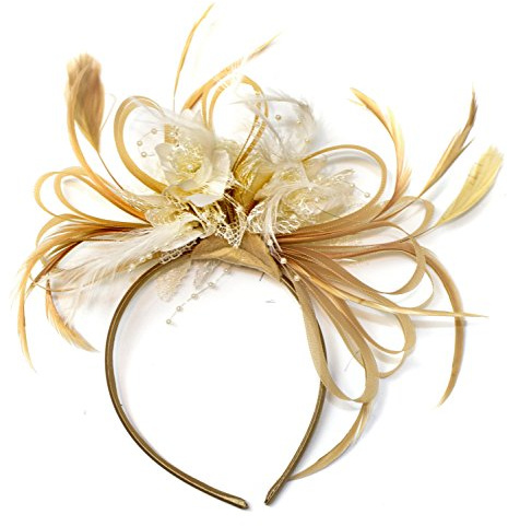 Champagne guld beige kamel och grädde fascinator på pannband Alice Band UK bröllop Ascot Races Derby