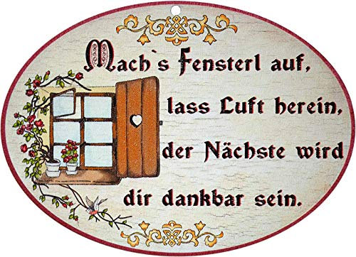 Kaltner Präsente Geschenkidee - Holz Geschenkartikel Deko Türschild im Antik Design Dekoartikel Motiv Toilette Mach´s Fenster auf (Ø 18 cm)