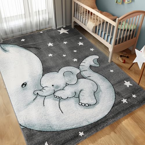 Carpettex Kinderteppich Elefant Design Blau 120 x 170 cm - Kurzflor Teppich Kinderzimmer für Mädchen und Jungen Pflegeleicht Weich - Waschbarer Spielteppich Babyteppich Gaming Teppich Babyzimmer