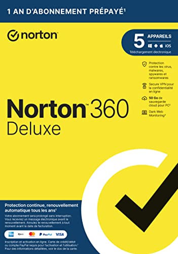 Norton 360 Deluxe |5 Appareils |1 An d'Abonnement en renouvellement automatique | Envoi par la poste