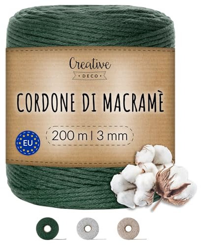 Creative Deco 3mm x 200m Corde Macramé Verte Profonde | Fil de Coton et Polyester | +/- 0.5 mm d’Épaisseur | 30 Plis | Ficelle Cordelette Naturel | Cuisine Jardin Jardinage Emballage Cadeau Bricolage